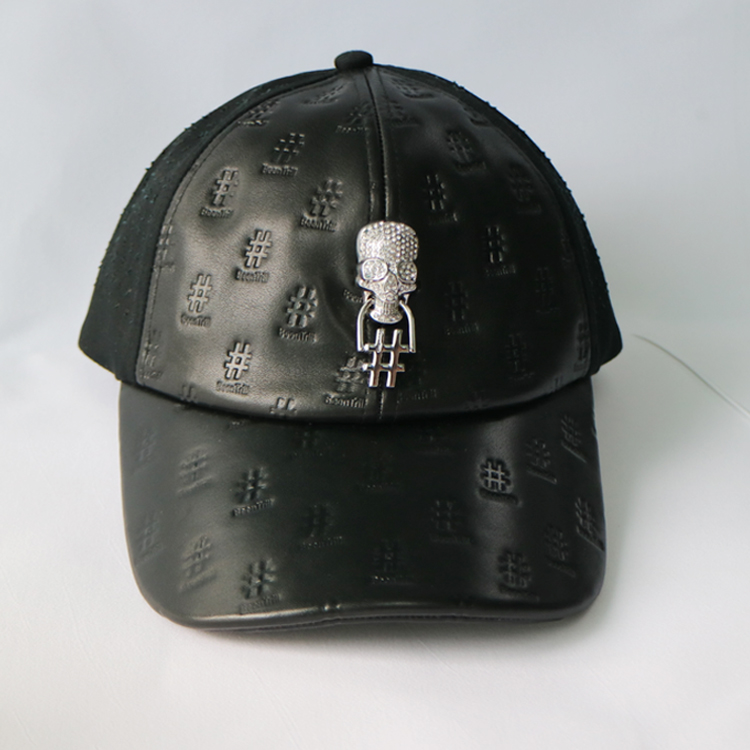 Metal Skull Design Womens Leather Baseball Hat With Hole Waterproof