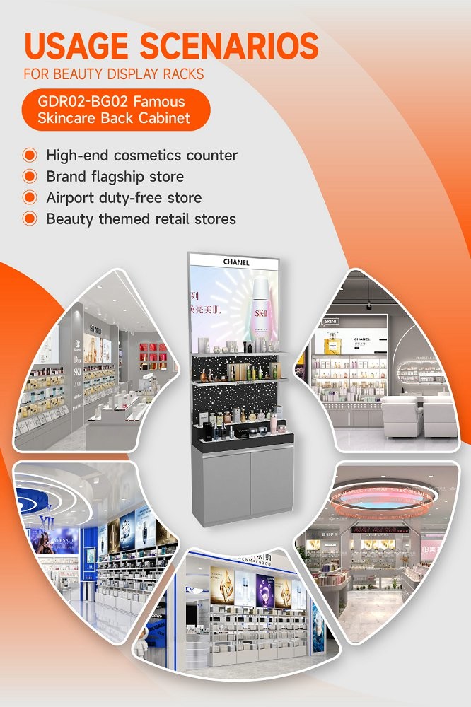 GDR02-BG02 Skincare Display Cabinet with Stainless Steel Tube and 60mm Soft Film Light Box for Fashion Boutiques