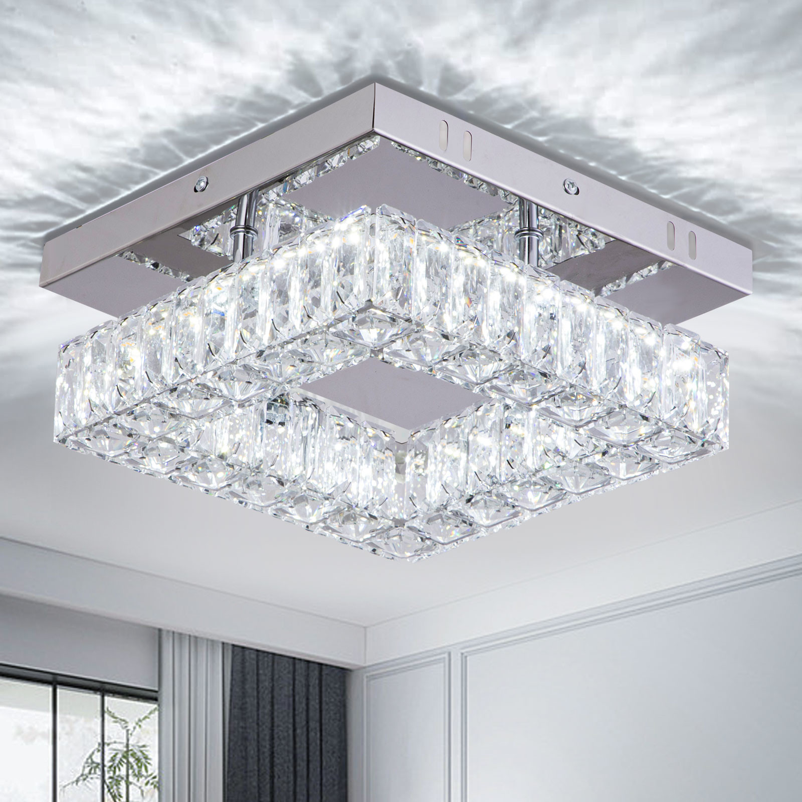 Square Flush Mount Crystal Chandelier Ceiling Fan For Kitchen Bathroom