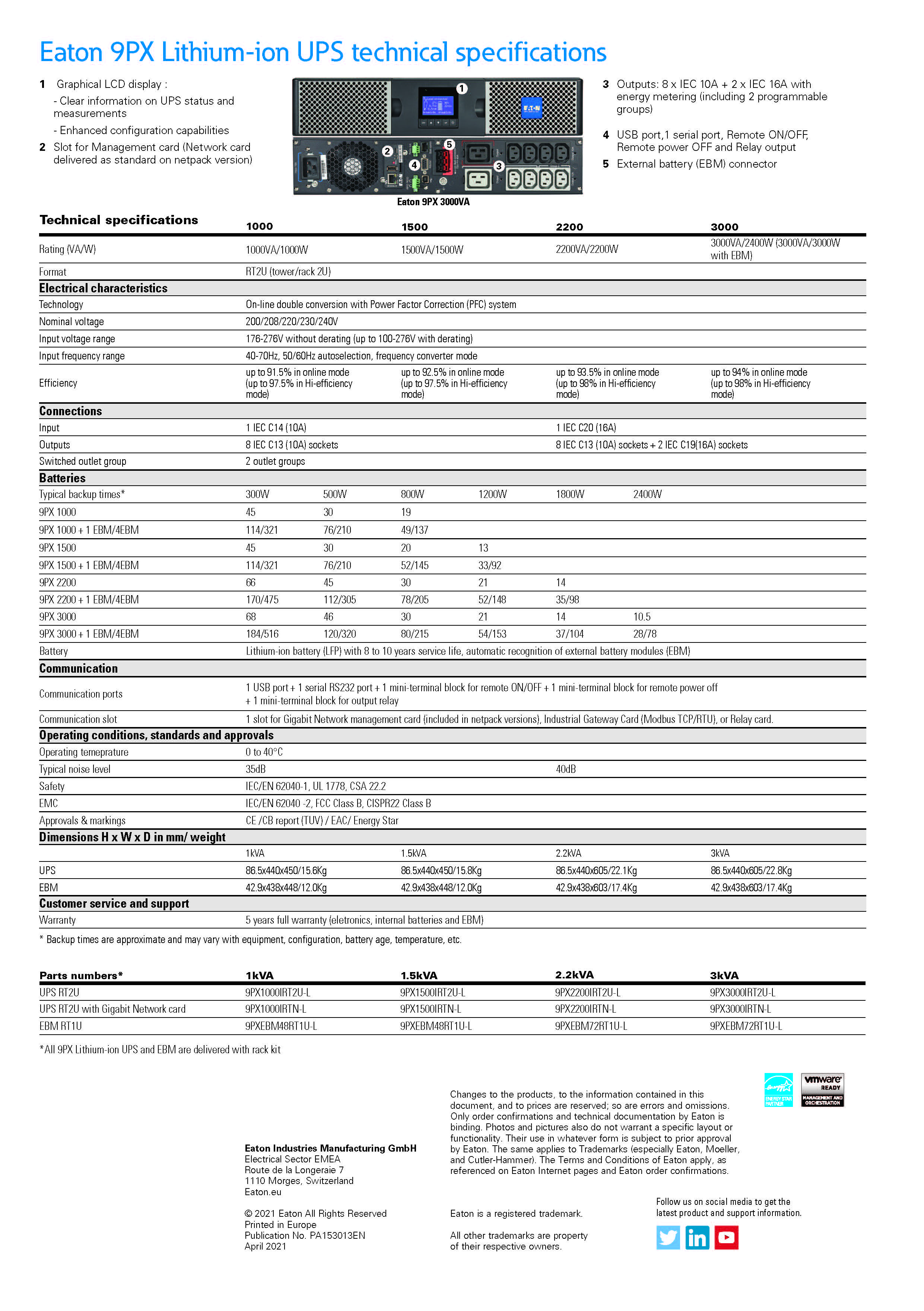 Eaton 9PX Lithium 3000VA/2700W 220v CE/CB Report Tower Good Efficiency Online UPS