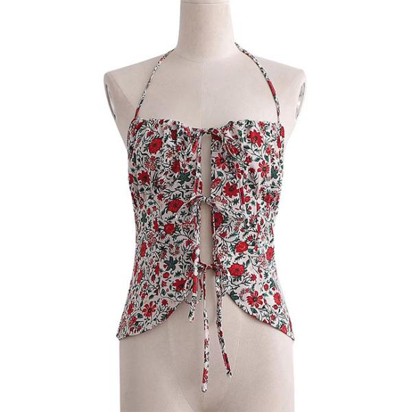Beach Off Shoulder Backless Halter Tank Top Floral Printing Streetwear Sexy