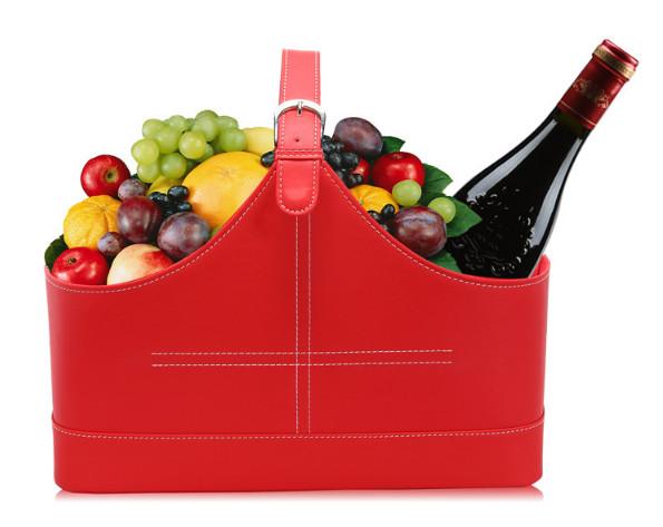 High Quality Red pu leather gift wine fruitbasket hamper for holiday gift