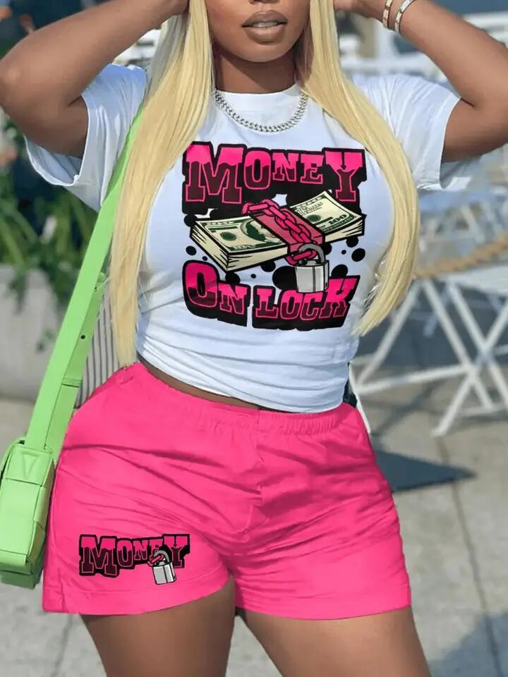 Summer Short Sleeve Graffiti Printing T-Shirt Shorts Women Tracksuit Two Piece Short Sets