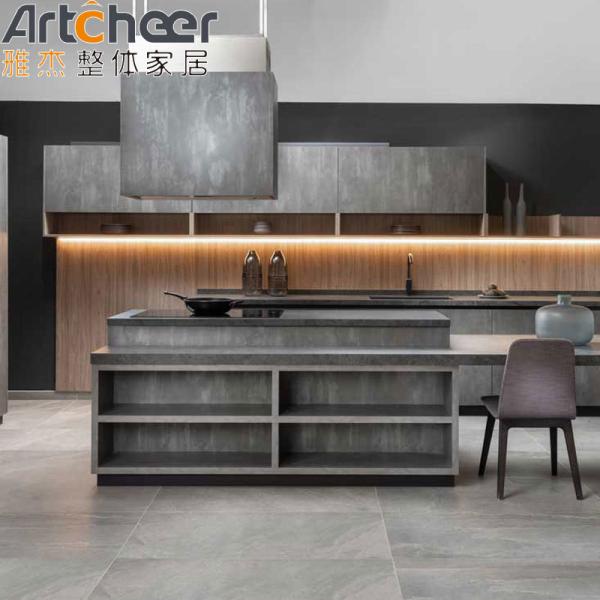 E0 Grade Material Kitchen Cabinets With Dark Grey Marble Look Finish And Island