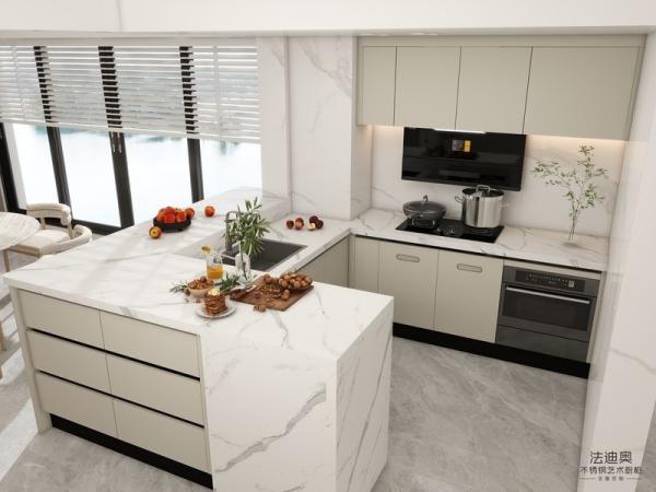 Modern Beige Stainless Steel Kitchen Cabinet With High-Low Design Quartz