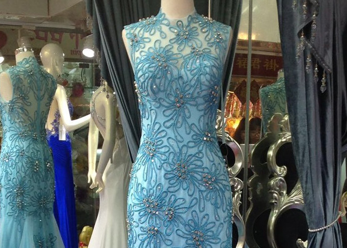 Blue Mermaid Style Prom Dress , High Collar Evening Gown Open Back Tulle Bottom