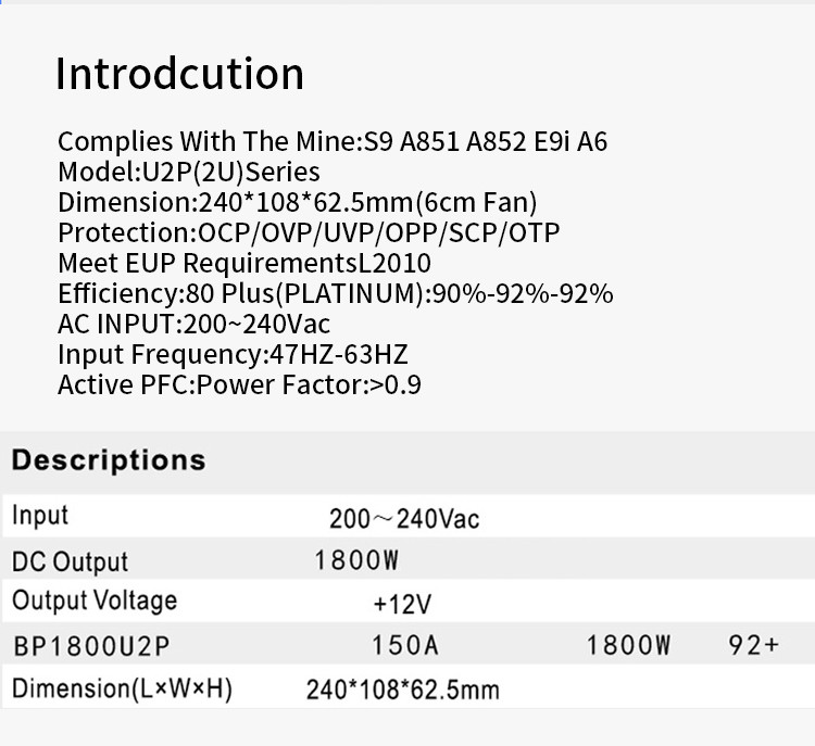 150A S9 A6 A851 A852 E9i A6 Miner Power Supply 2U Single Way 1800W 2000W