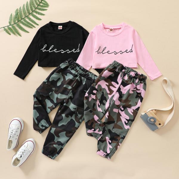 Children'S Outfit Sets Round Neck Letter Printing Top Camouflage Trousers Two