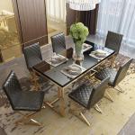 Stainless Steel Base Tempered Glass Marble Dining Table 6 chairs