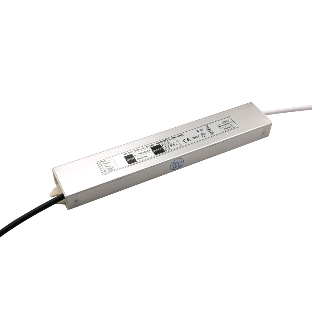 Waterproof IP67 Slimline LED Driver 12V 80W ERP Constant Voltage LED Power Supply