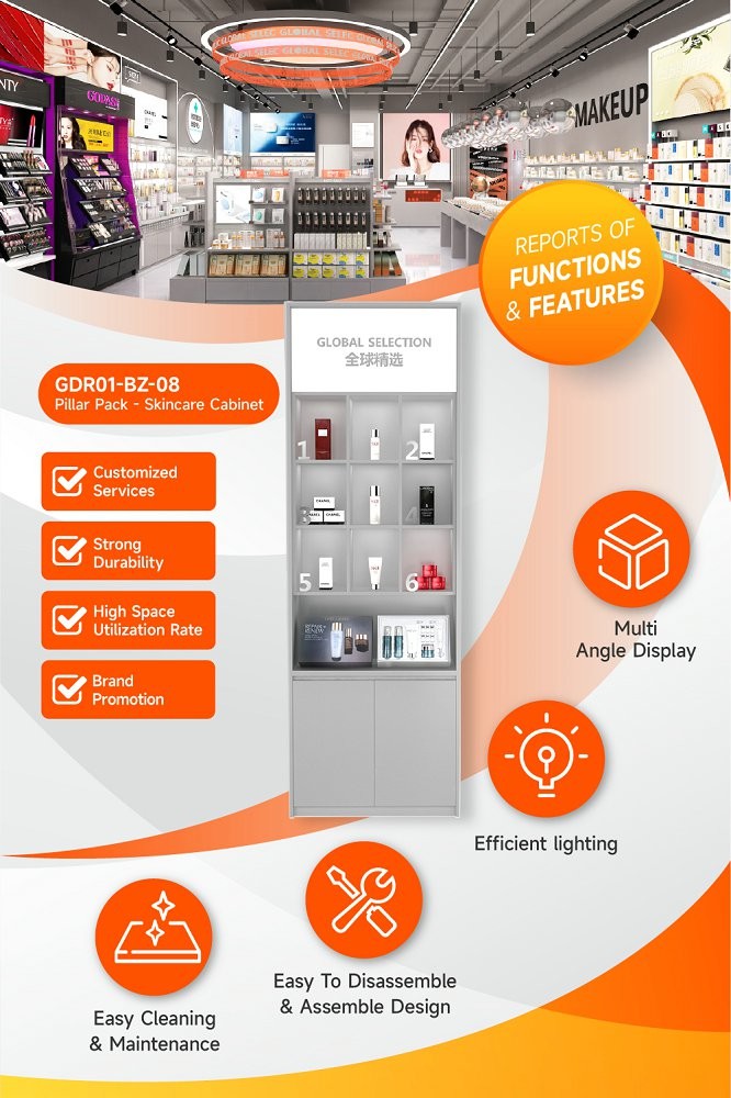 GDR01-BZ-08 Skincare Display Pillar with Grey Over-Oil Board and Soft Film Light Box for High-End Brand Sales Counters