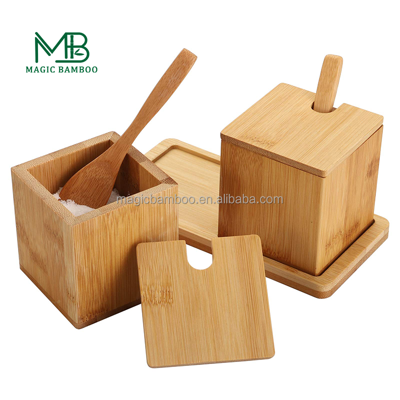 Direct from Complete Natural Bamboo Salt Spice Box 17x7.1x8.2cm with Lid Spoon and Tray