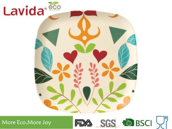 Buy cheap Colorful garden flower and leaf style Disposable Environmentally friendly Bamboo Fibre Square Dinning dish 10 inch 24cm from wholesalers