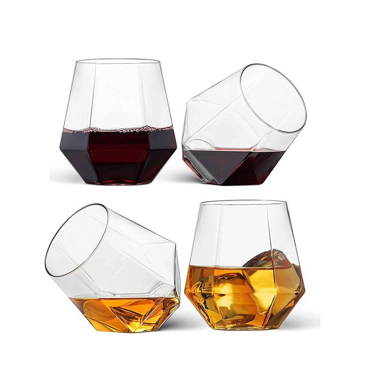 Diamond Shaped Tritan Stemless Wine Glasses PET Plastic Whisky Glass Non Toxic