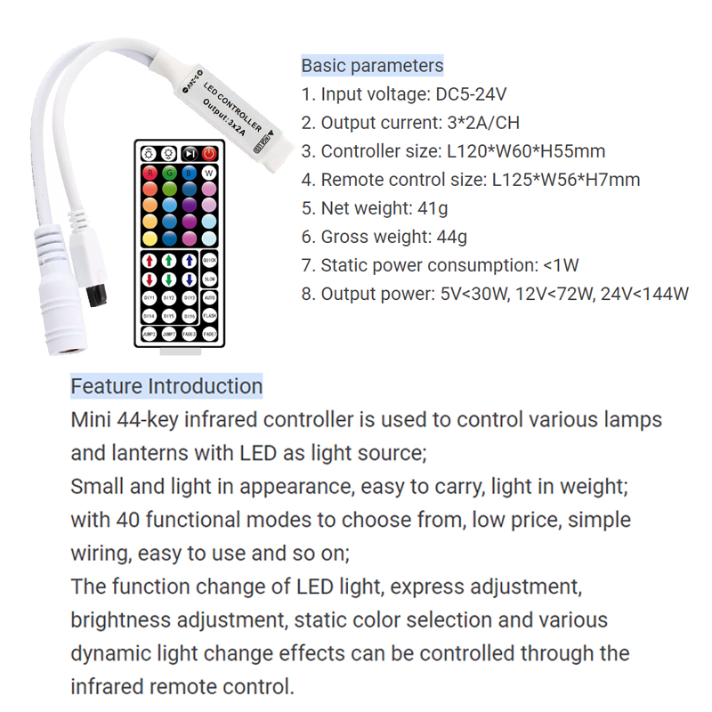 144W Mini 44 Keys IR Controller , Colorful RGB Light Strip Controller