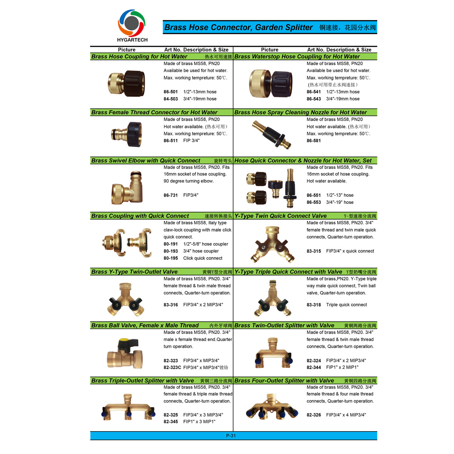 Brass Y Type 3 Way Hose Connector With Valve Distributor Spliter