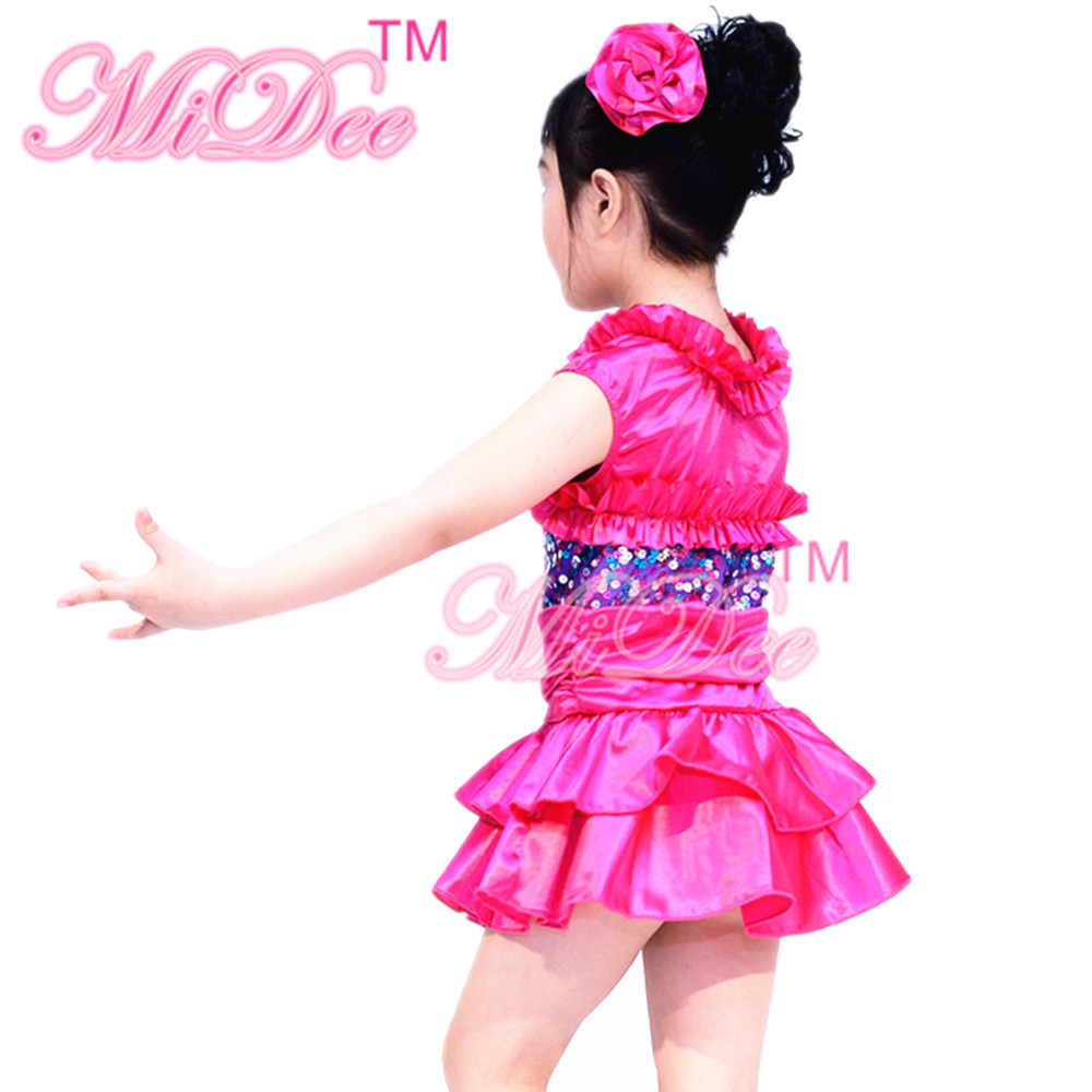 Satin Tiers Skirt Ruffle Neckline Confetti Sequins On Bodice Dress Dance Clothes for Kids' Performance