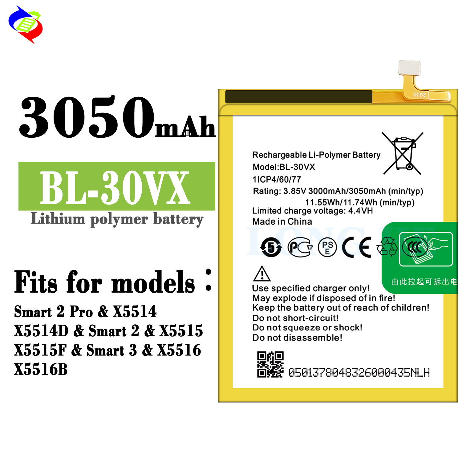 BL-30VX 3000mAh 4.4V Battery for INFINIX X5515 Samrt2 Capacity and Long-Lasting