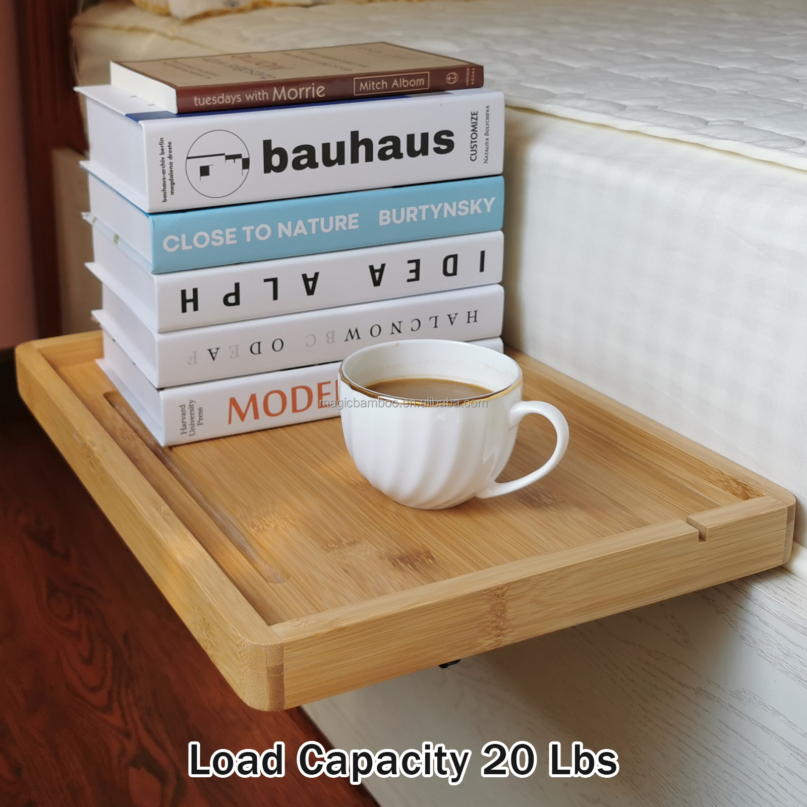 Sustainable Bamboo Bedside Shelf with Mobile Phone Tablet Holder 38x26x2.5cm Design
