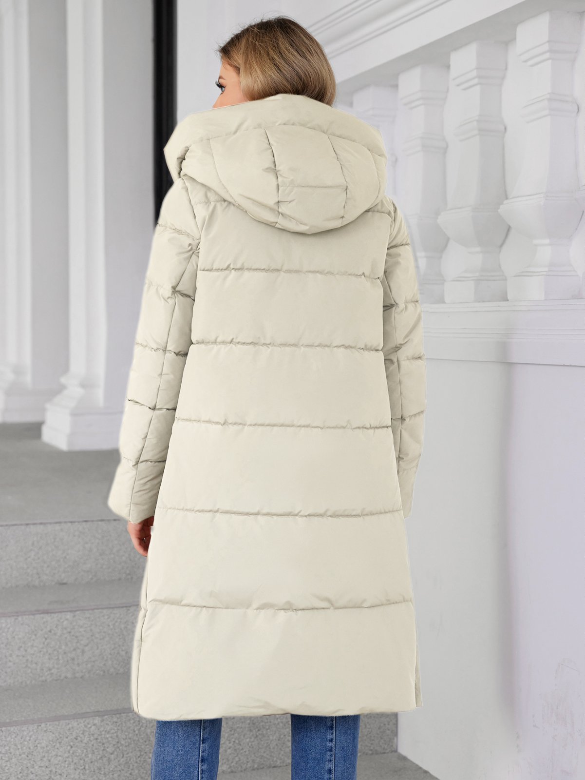 lower knees Length, Thickened Down / Cotton Jacket, water proof, windproof black women coat, inside-outside contrast colours