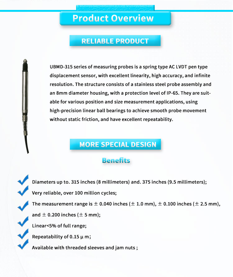 High Precision 24VDC 3Vrms Power LVDT for Linear Displacement Sensors UBMD-315Y UNIVO