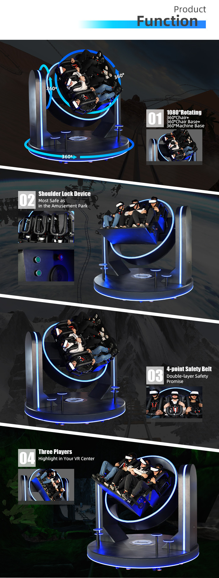 Three Players Full Motion VR Simulator Cockpit Super Rotation Roller Coaster Game