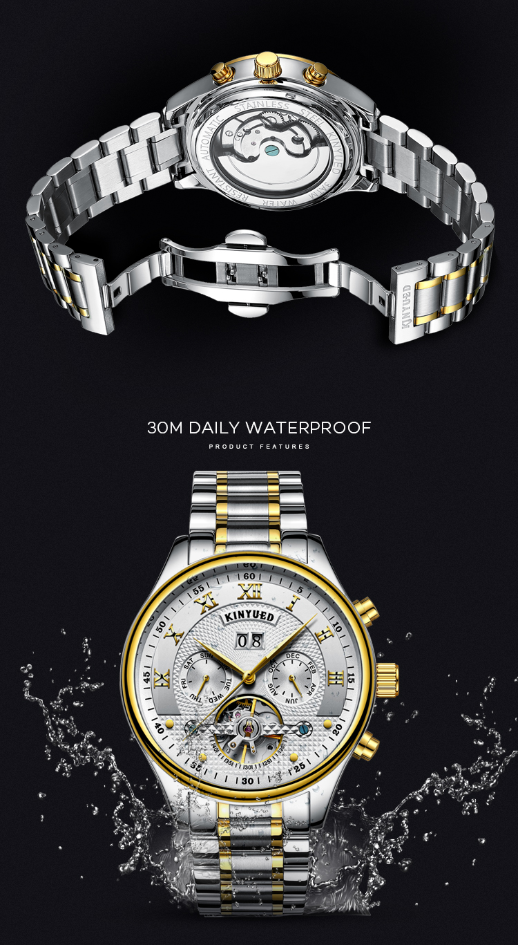 KINYUED Brand Two-Tone Gold Silver Case Automatic Movement Solid Stainless Steel Strap Waterproof Mechanical relojes