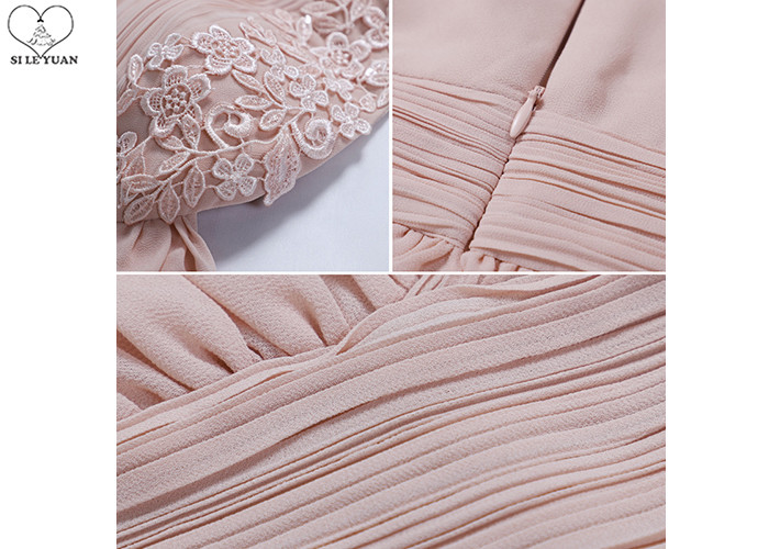 Lotus Leaf Sleeve Blush Pink Bridesmaid Dresses A Line Lace Pleating Chiffon