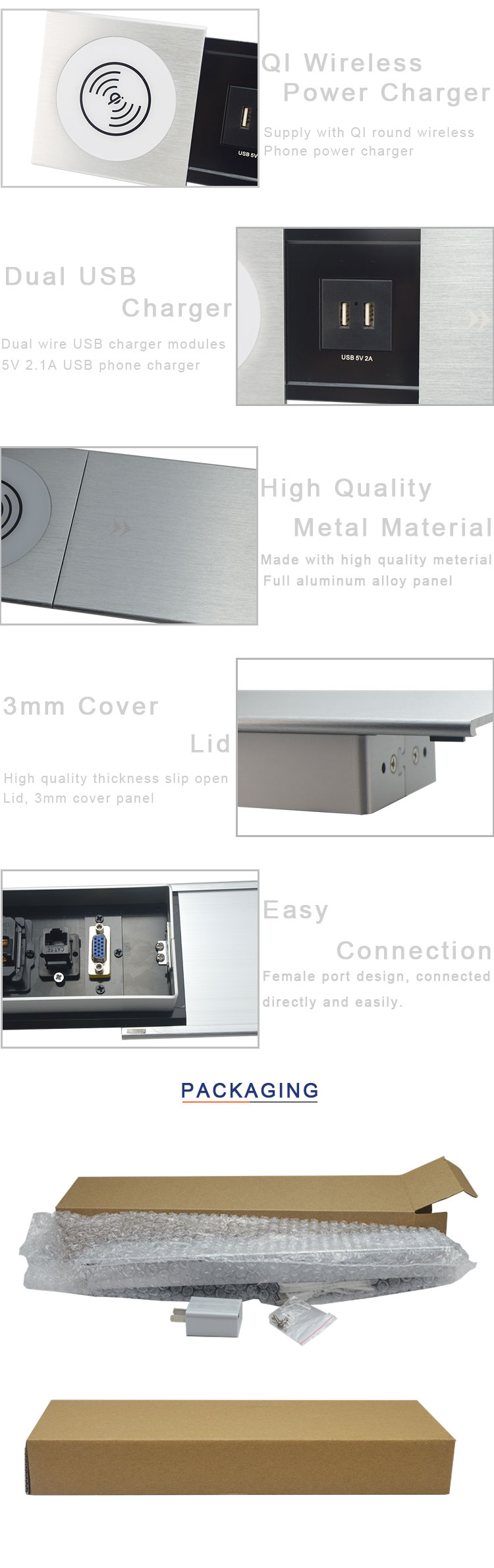 BNT New Customization Multi-function Desktop Outlet Slip Lid Cover Sockets with Qi Wireless Charger