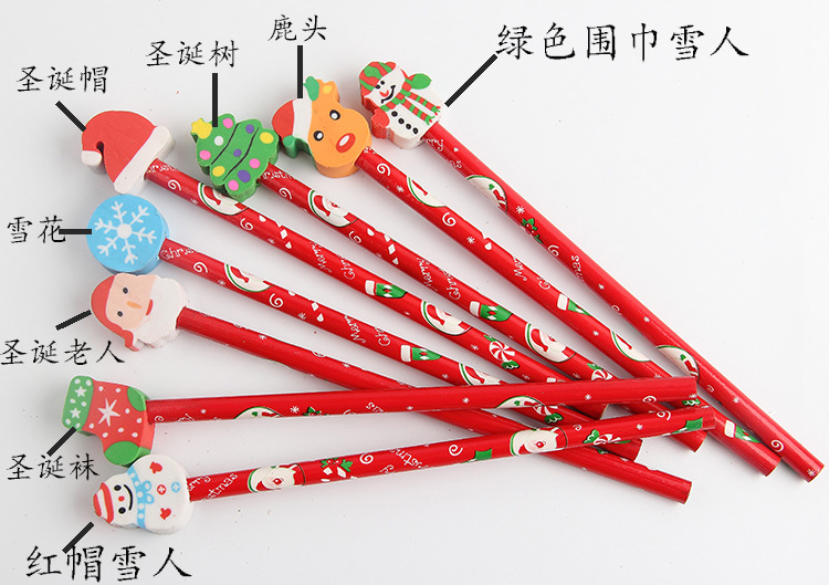 Children School Supplies Christmas Cartoon Eraser Pencil Set with Red Wood Pencils
