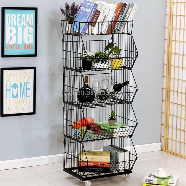 Versatile 5-Tier Metal Wire Basket Stand for Supermarket Snack Display in Metallic