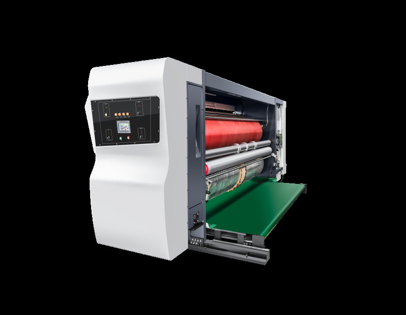 White Color G6-0920 All Computer Controled Pressure Free Feed Structure Lead Edge Vacuum Transfer 4 Color Printer + Slotter + Die Cutter + Vibrator +