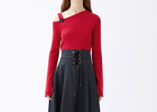 Buy cheap Chinese Red Single Strap Slop Shouder Womens Knit Pullover Long Sleeves Knitwear from wholesalers