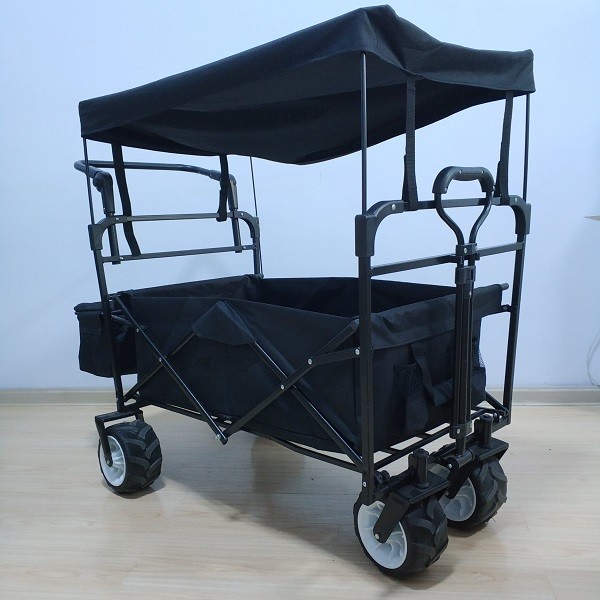 Black Folding Beach Wagon 600D Folding Wagon With Cover And Push Handle