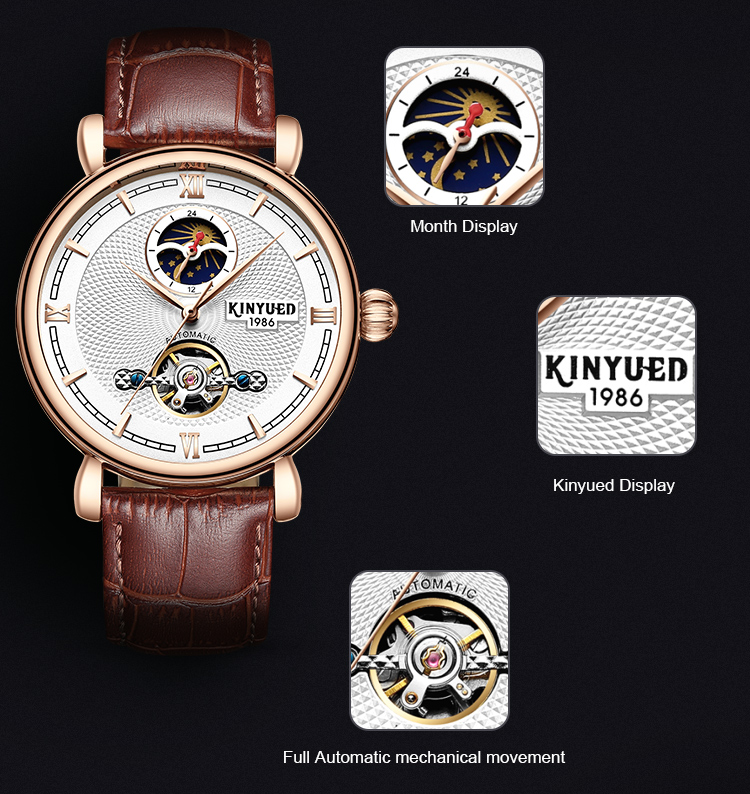 Luxury brand KINYUED water resistant watch tourbillon watch mechanical men's leather automatic