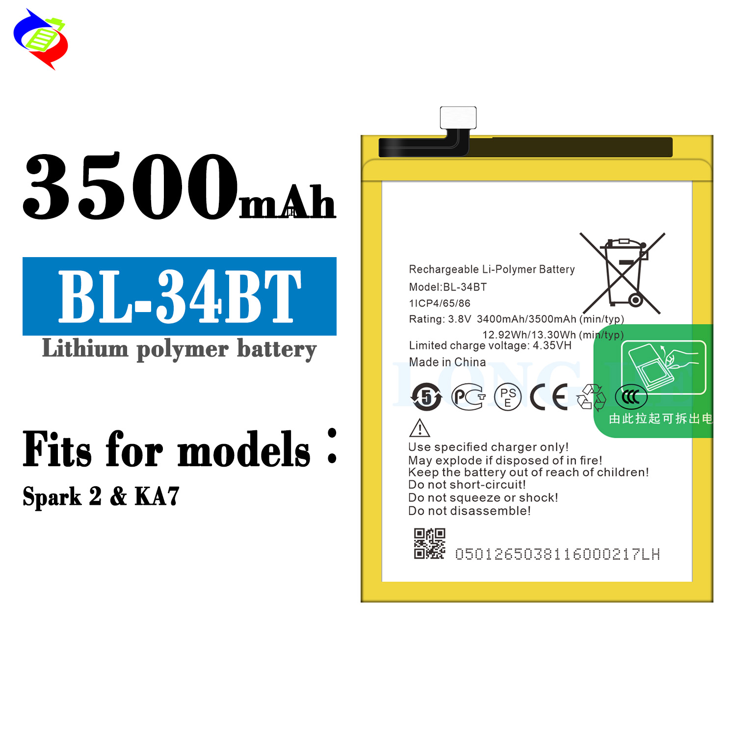 BL-34BT Rechargeable Batteries Replacement Battery for TENCO KA7/SPARK 2 Mobile Phone