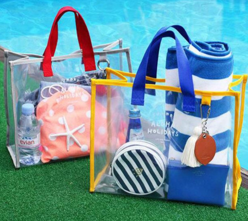 Clear PVC Clear Tote Bag , Logo Printing Custom Blue PVC Travel Bag