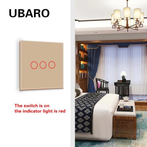 EU/UK Standard 3Gang 1Way Wall Light Touch Switch Gold Tempered Glass Panel