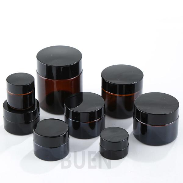 Buy cheap Cylinder Amber Face Cream Glass Cosmetic Jars With Black Lid ISO90001 from wholesalers