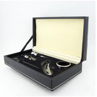 New Arrival 5pcs set pu leaher case silver stainless steel wood bottle opener