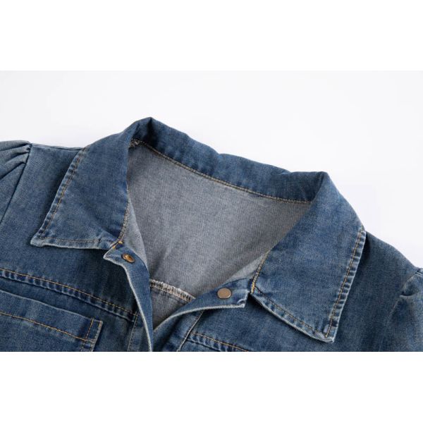 Women's denim shirt dress front view showing button front and chest pocket