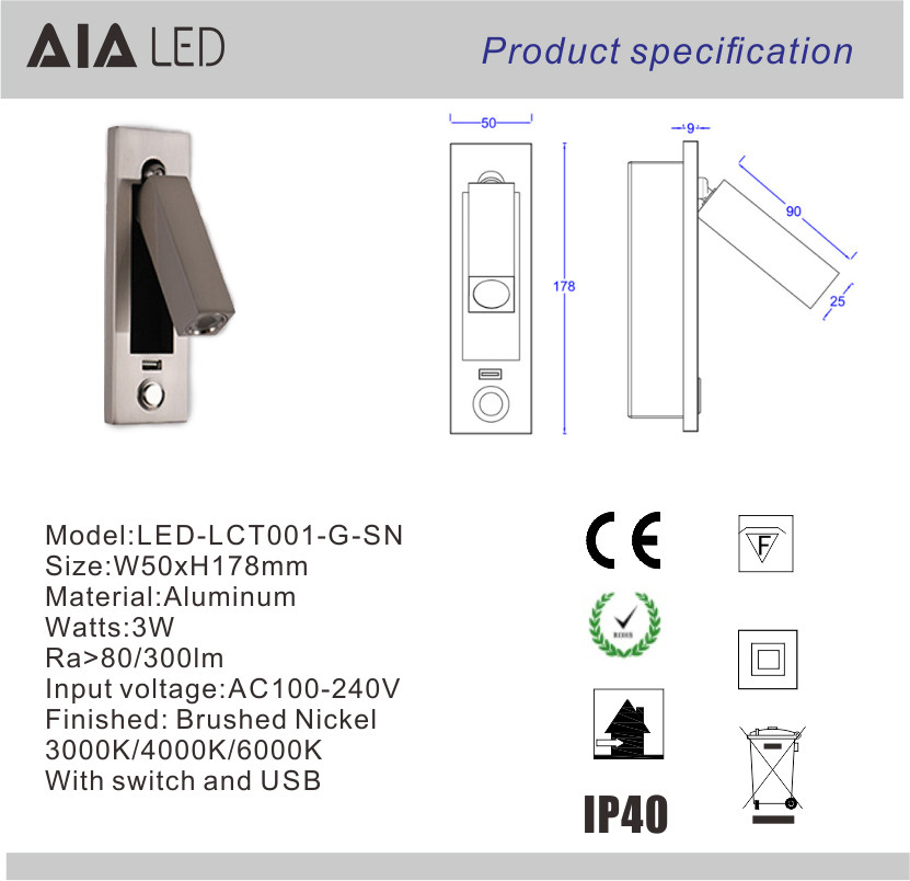 impaction hotel wall light with usb port 3W usb book lighting rechargeable headboard led bed wall light