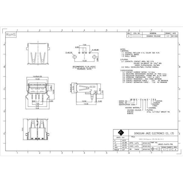 PBT 90 Degrees 2.0 USB Socket Connector 4Pin A Female 1.0AMP