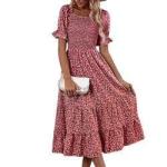 Floral Print Dresses Short Puff Sleeve Square Neck Shirred Detail MIDI Women
