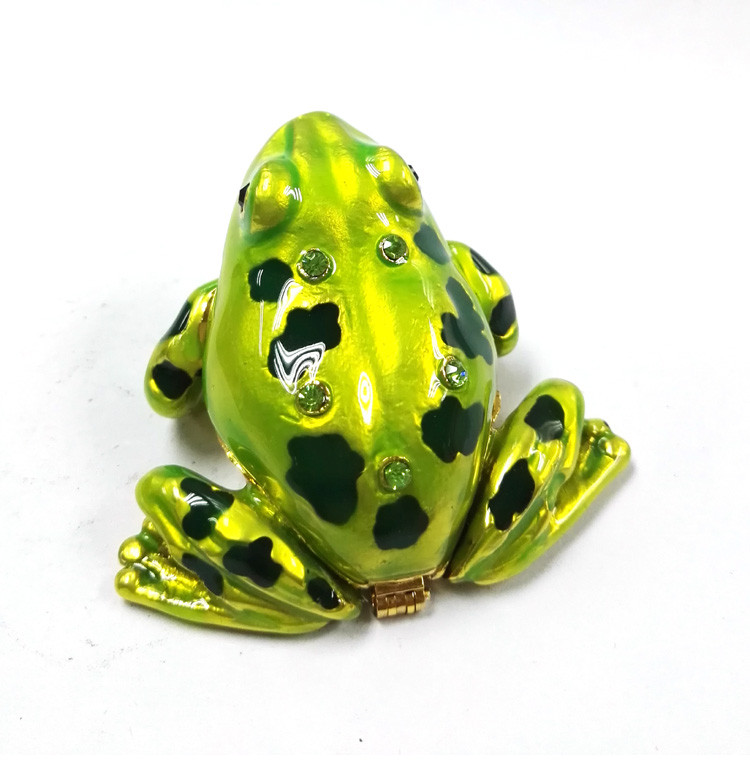 wholesale green crystal frog design metal trinket frog shape metal jeweled enamel trinket boxes