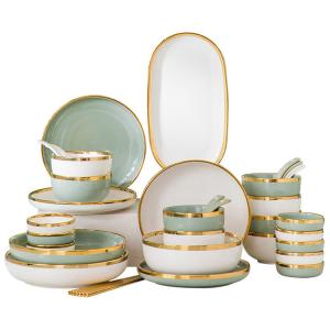 Wholesale Nordic Luxury Style Ceramic Tableware Set Emerald Green With Gold Rim from china suppliers