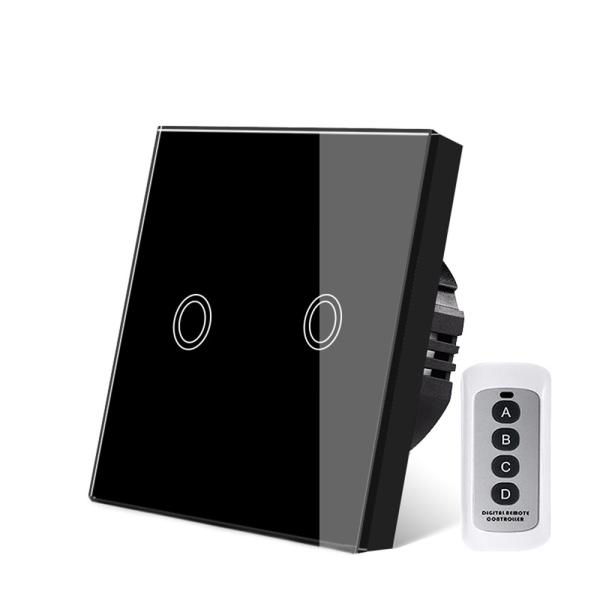 Quality Eu Standard Black Wireless Electrical Switch Remote Switch Type 86 2 Gang Sensor Buttons Crystal Glass Panel for sale