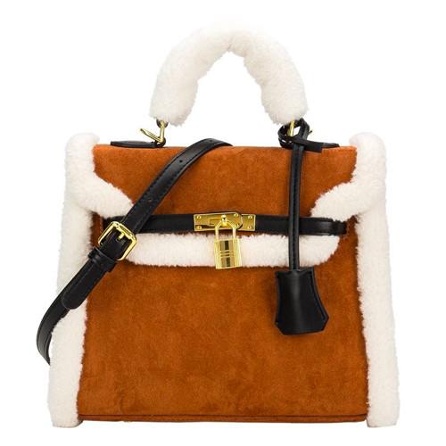 Buy cheap 25cm Womens Leather Bag Lambswool O Plush Brown Velvet Bag from wholesalers
