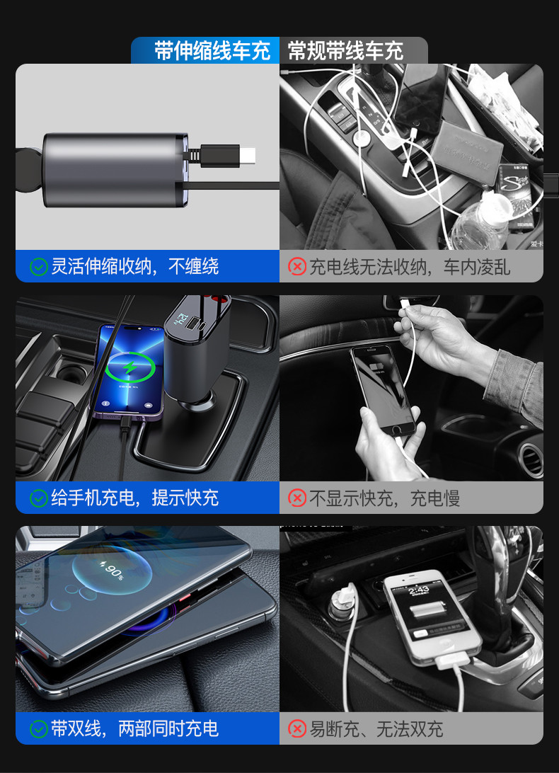 Fast Car Charger Double Line Can Be Extended And Retracted Fast Charger Cable