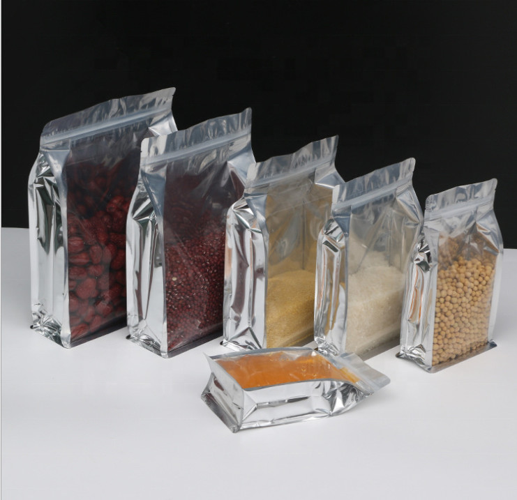 Custom Flat Bottom Aluminum Foil pouch With One Side Clear Transparent Aluminium Foil Bag With Zipper For Food Packaging
